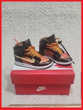 Desk Swag Charm Miniature High-Top Sneaker in Brown & Orange with Gold Swoosh